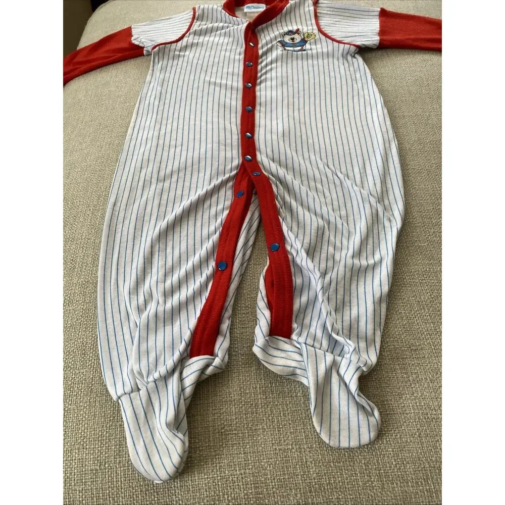 Vintage Carters 9mths Baseball Bear Striped One Pieces Outfit L USA 18/23 lbs